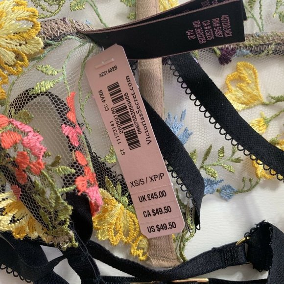 NWT VICTORIA SECRET MULTI EMBROIDERY GARTER Floral Pink Yellow Black XS/S $49 - Picture 9 of 9
